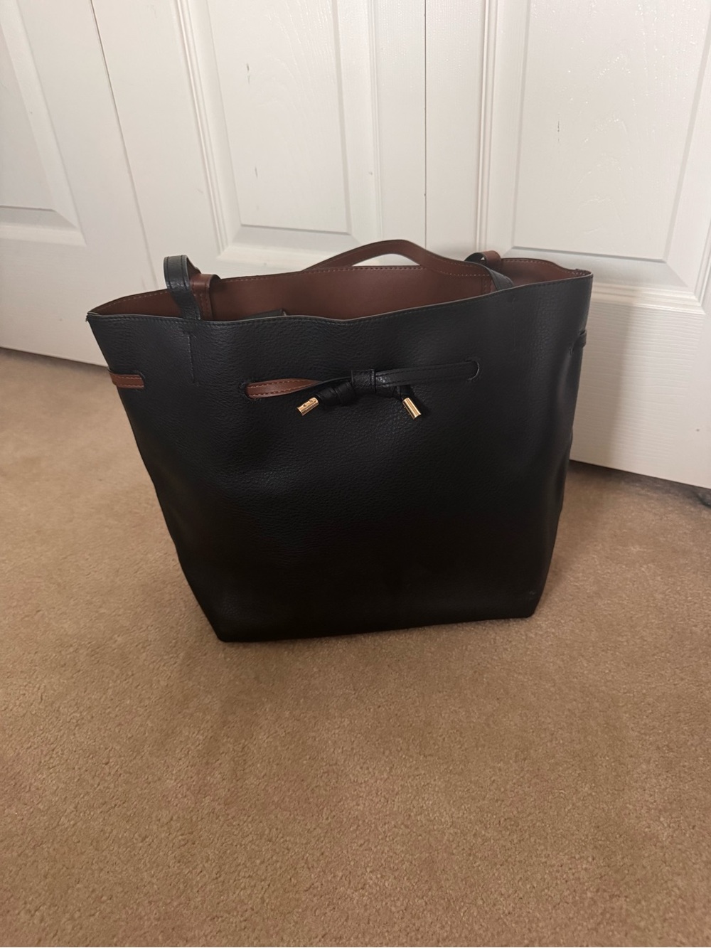 H&M Black Tote with Brown Interior and Tie Detail